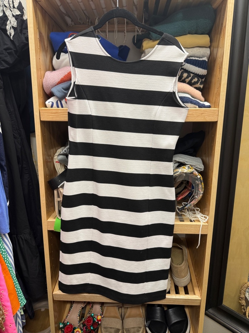 Michael Kors Black & White Striped Sleeveless Midi Dress